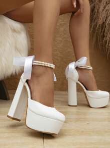 女士高跟鞋，超高鞋跟、粗跟、厚底，玛丽珍款式，女士厚底高跟鞋 - 白色 - 查看 5