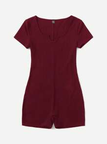 SHEIN EZwear Rompers De Punto Acanalado En Color Sólido - Burdeos - Ver 3