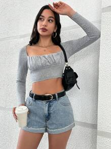 EURMUSE T-shirt Corta Da Donna Con Scollo Quadrato E Dettagli Arricciati Sul Busto