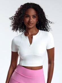 SHEIN Sports Half Zipper Tight-Fitting Short Sleeve Sports Sweatshirt - White - View 3