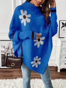 SHEIN LUNE Women's Asymmetrical Hem Floral Pattern Sweater