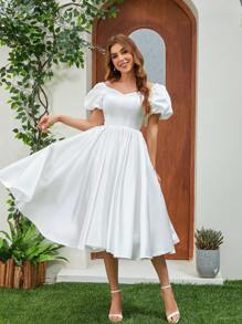 Elasola Satin Wedding Dress With Sweetheart Neckline, Bow Decor Puff Sleeves White Elegant Dress, Bridal Shower Dress White Dress