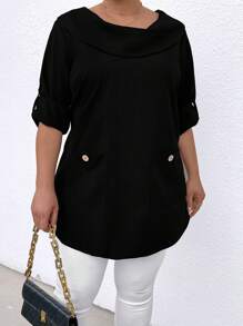 SHEIN LUNE Plus Size Solid Color Rolled-Up Sleeve Blouse