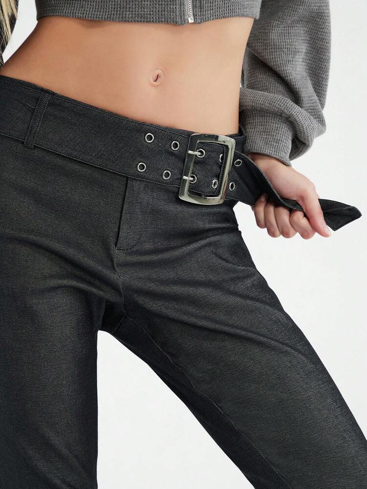 Women's Vintage Grey High Waist Belt Slimming Flare Pants With Elasticity