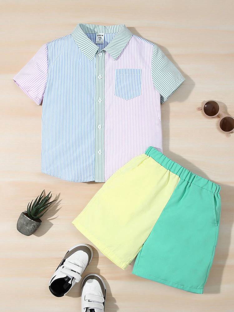 Boys' Casual Loose-fit Fun Patchwork Striped Short Sleeve Shirt With Woven Shorts Outfit
