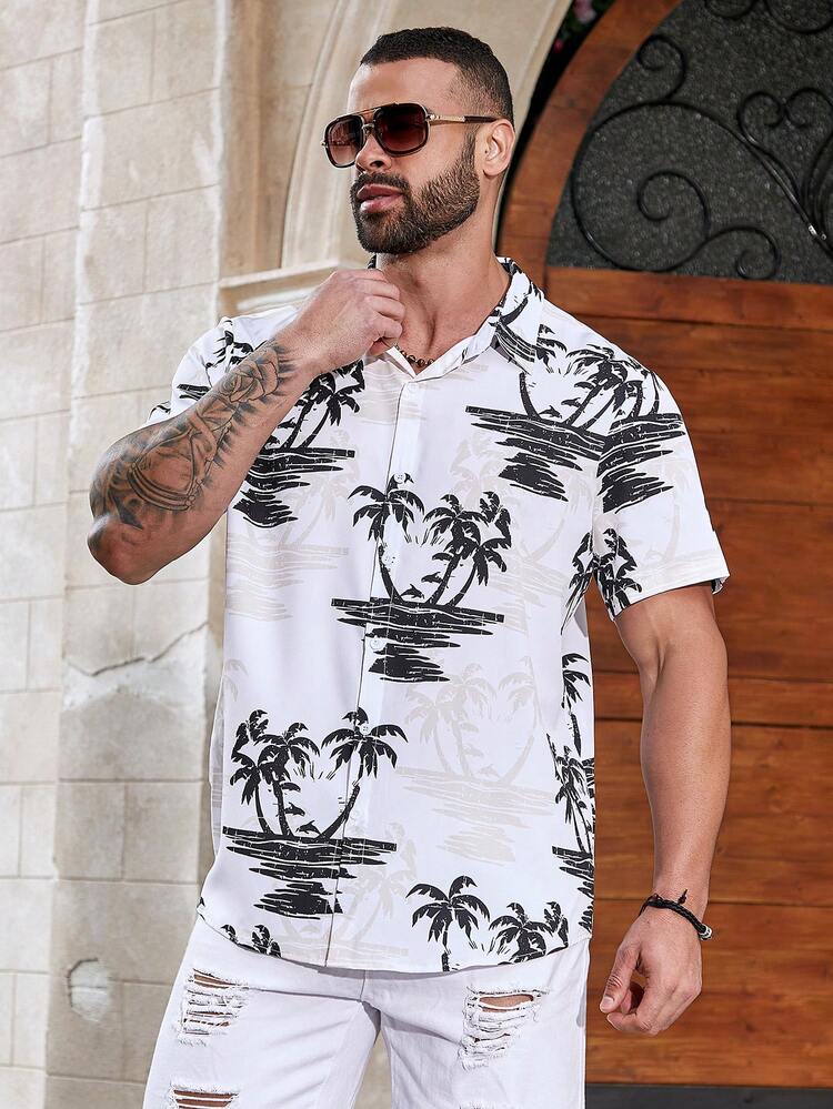 Men's Plus Size Coconut Tree Print Short Sleeve Shirt