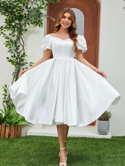 Elasola Satin Wedding Dress With Sweetheart Neckline, Bow Decor Puff Sleeves White Elegant Dress, Bridal Shower Dress White Dress Elegant