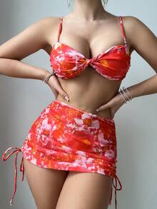 SHEIN Swim Twist Detail Random Printed Bikini Set With Swim Cover Up Skirt Valentine, For Summer Beach Vacation - Red - View 7