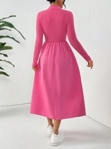 SHEIN Essnce Women's Casual Solid Color Stand Collar Dress - Hot Pink - View 2