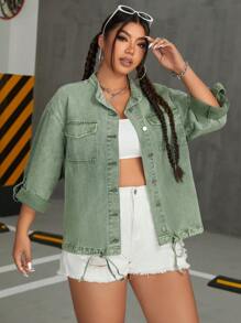 SHEIN ICON Kích thước lớn Áo khoác denim Với dây rút Hem Và Tay áo cuộn lên - xanh quân đội - Xem 5