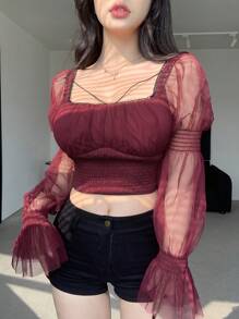 DAZY 女式方領網狀長袖襯衫 - 紅色 - 查看 5
