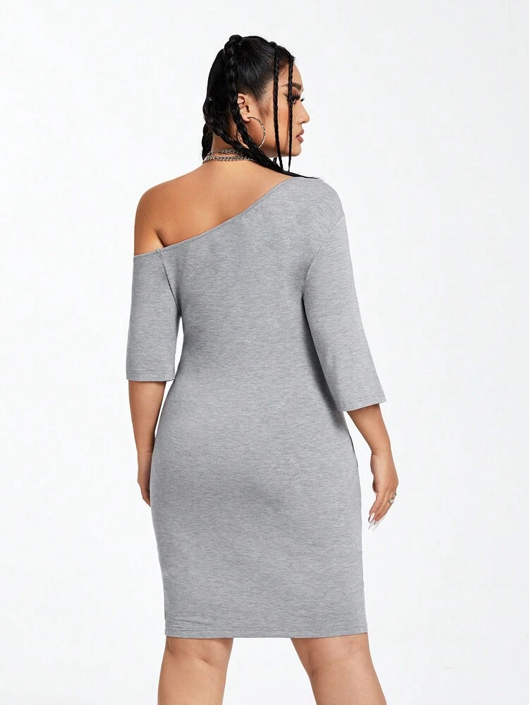 Women's Plus Size Asymmetrical Collar Eagle & Letter Printed Bodycon Dress-Grey