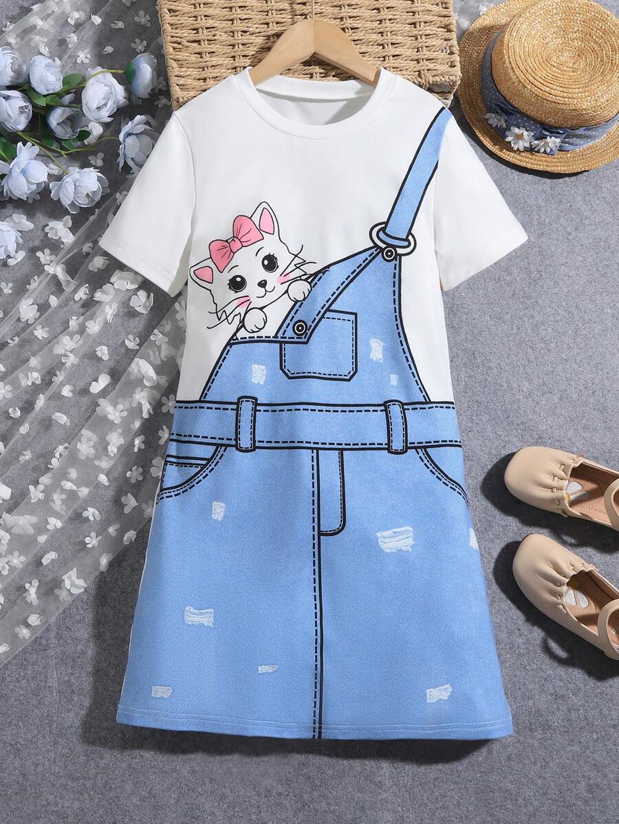 SHEIN Tween Girls' 3d Cartoon Printed Short Sleeve Dress - Multicolor - View 1