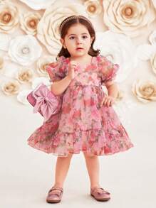 Mother & Baby Girls' Floral Pattern Organza Ruffle Sleeve Dress