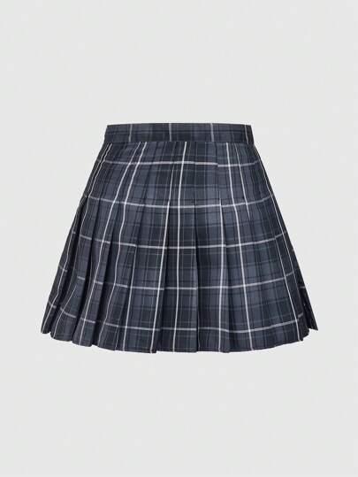 ROMWE J-Fashion 学院风格子百褶裙，适合夏季、学校、女士休闲百褶、拉链迷你常规款式自然黑格子女裙、春夏、休闲日常穿着