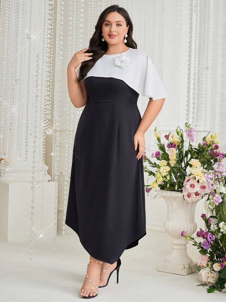 Plus Size Women's Patchwork 3d Flower Decorated Dress Long Evening Dresses