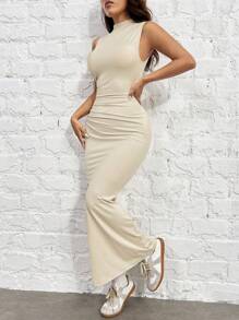 SHEIN EZwear 女士杏色針織立領修身美人魚裙 - 杏色 - 查看 3