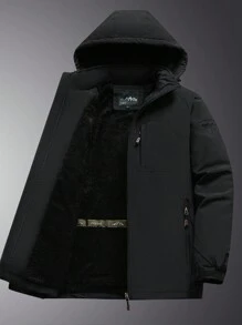 Men's Long Sleeve Solid Zip Pocket Casual Fleece Hooded Jacket, Fall/Winter - Black - View 1