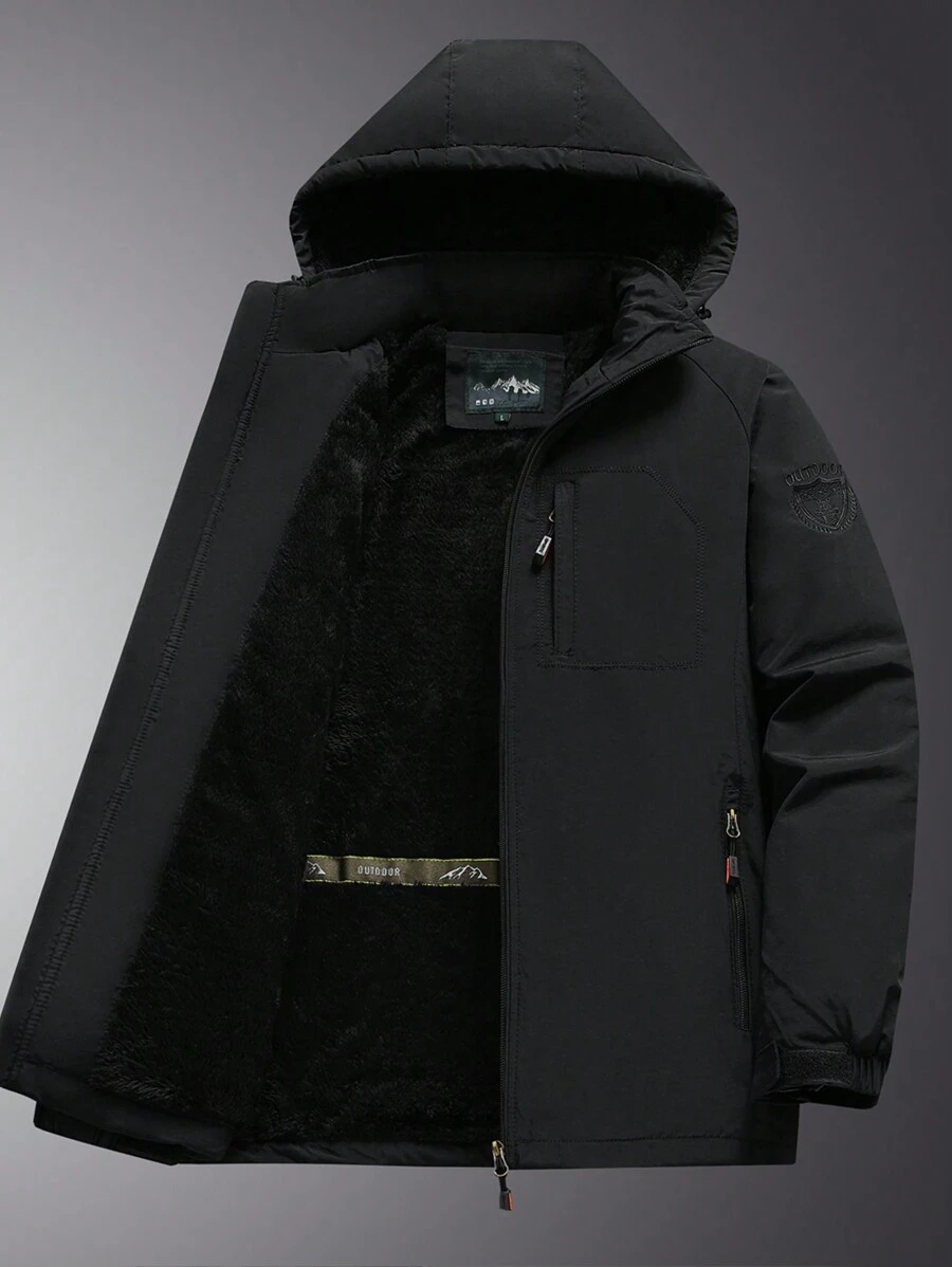 Men's Long Sleeve Solid Zip Pocket Casual Fleece Hooded Jacket, Fall/Winter - Black - View 1