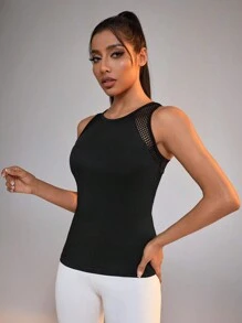 Powerista Mesh Panel See Through Hollow Out Back Athletic Tank Top - Black - View 4