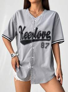 StreetHx Letter Printed Sports Team Shirt - Grey - View 3