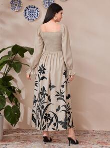 Mulvari Women's Plant Printed Shirred Top Half Sleeve Dress - Khaki - View 8