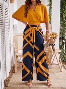SHEIN Clasi Ladies' Solid Color Cropped Top With Collar And Geometric Pattern Pants Set