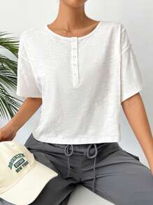 SHEIN EZwear Women's Round Neck Drop Shoulder T-Shirt - White - View 3
