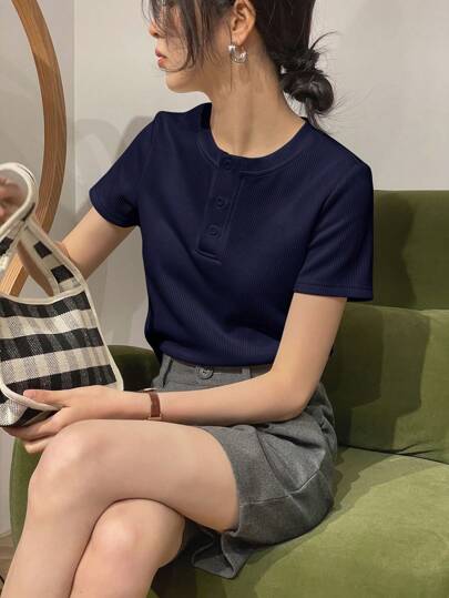 DAZY Solid Color Rib Knit Short Sleeve T-Shirt Summer