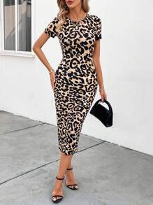 SHEIN Clasi 女士豹紋圓領短袖連身裙