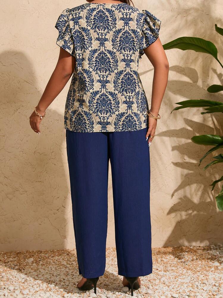 Plus Size Full Pattern V-Neck Top And Pants Set