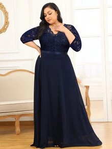 MIUSOL 加大花朵蕾丝撞色雪纺七分袖正式派对长裙、节日女式长裙、优雅女式派对裙、正式晚礼服、舞会礼服、婚礼宾客、毕业典礼、晚宴 - 藏蓝色 - 查看 8