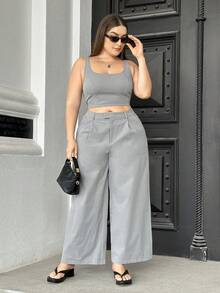 SHEIN Essnce 女士大码夏季休闲工作背心裤套装两件套 - 灰色 - 查看 6