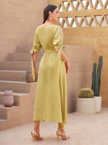 Modelyn Knotted Split Sleeve A-line Dress - Yellow - View 2