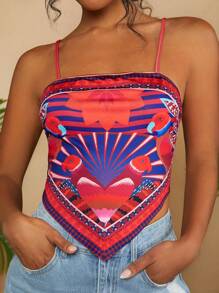 Travachic 全印花不對稱下擺假兩件度假背心上衣