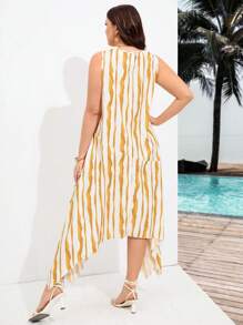 SHEIN VCAY Plus Size Summer Holiday Striped Draped-Neck Asymmetrical Hem Beach Dress - Multicolor - View 2