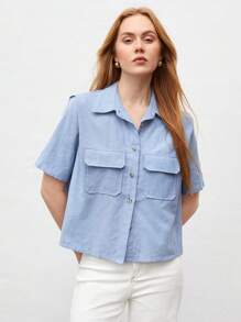 BizChic Women's Solid Color Flip Pocket Shirt - Blue - View 2