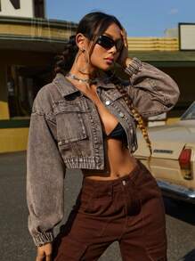 SHEIN ICON Women's Vintage Drop Shoulder Cropped Denim Jacket - Brown - View 1