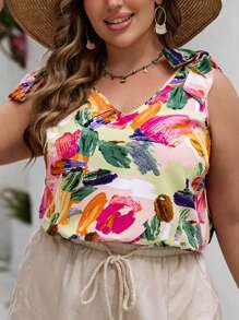 SHEIN VCAY 大尺碼女士毛刷印花V領背心，適用於夏季 - 彩色 - 查看 1