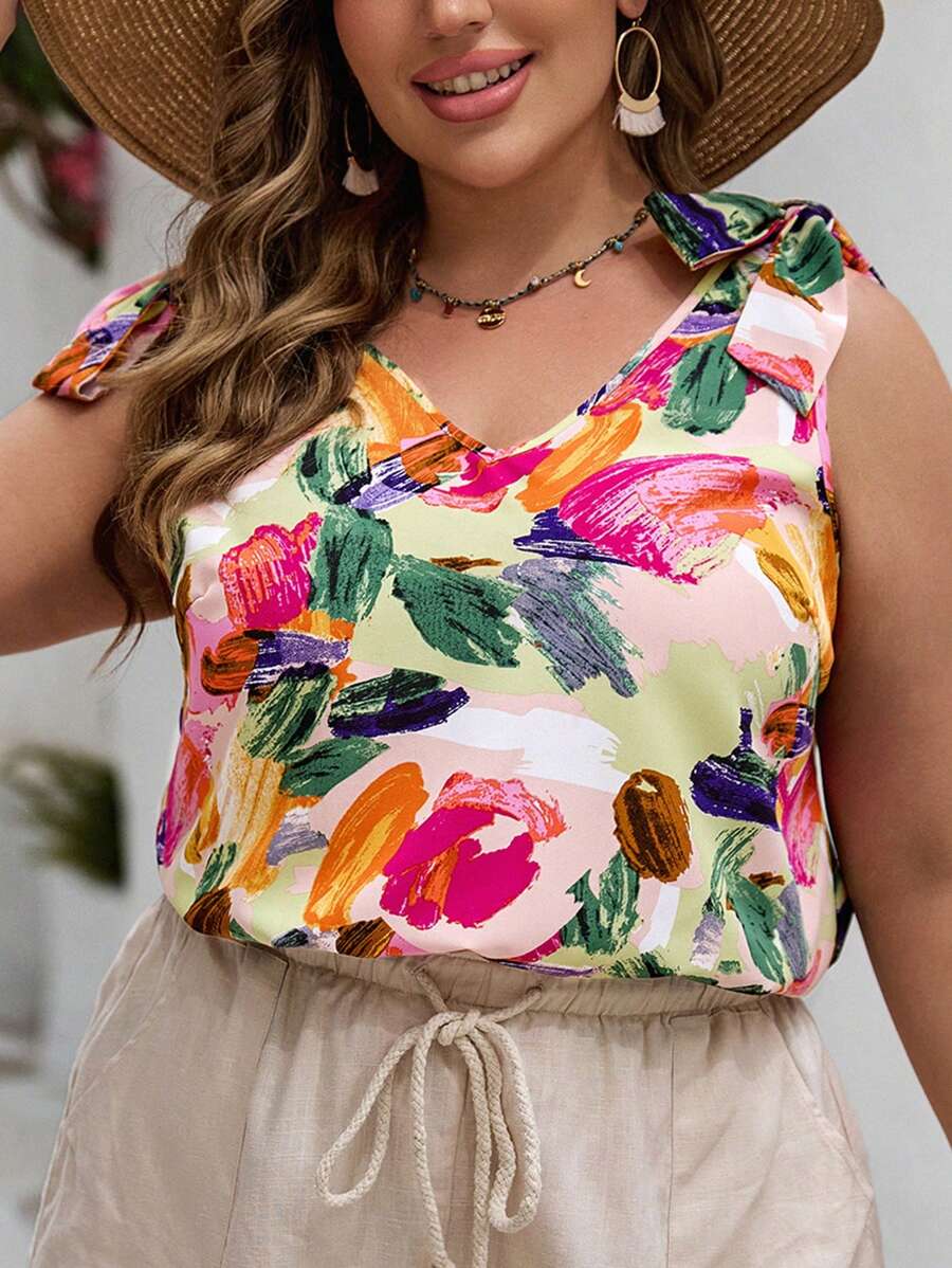 SHEIN VCAY 大尺碼女士毛刷印花V領背心，適用於夏季 - 彩色 - 查看 1