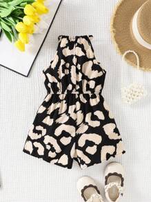 SHEIN Young Girls' Leopard Print Sleeveless Halter Neck Backless Romper With Waist Belt - Black - View 2