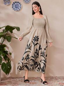 Mulvari Women's Plant Printed Shirred Top Half Sleeve Dress - Khaki - View 7