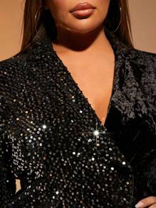 SHEIN SXY Plus Size Women's Glitter Patchwork Party Suit Set - Black - View 7