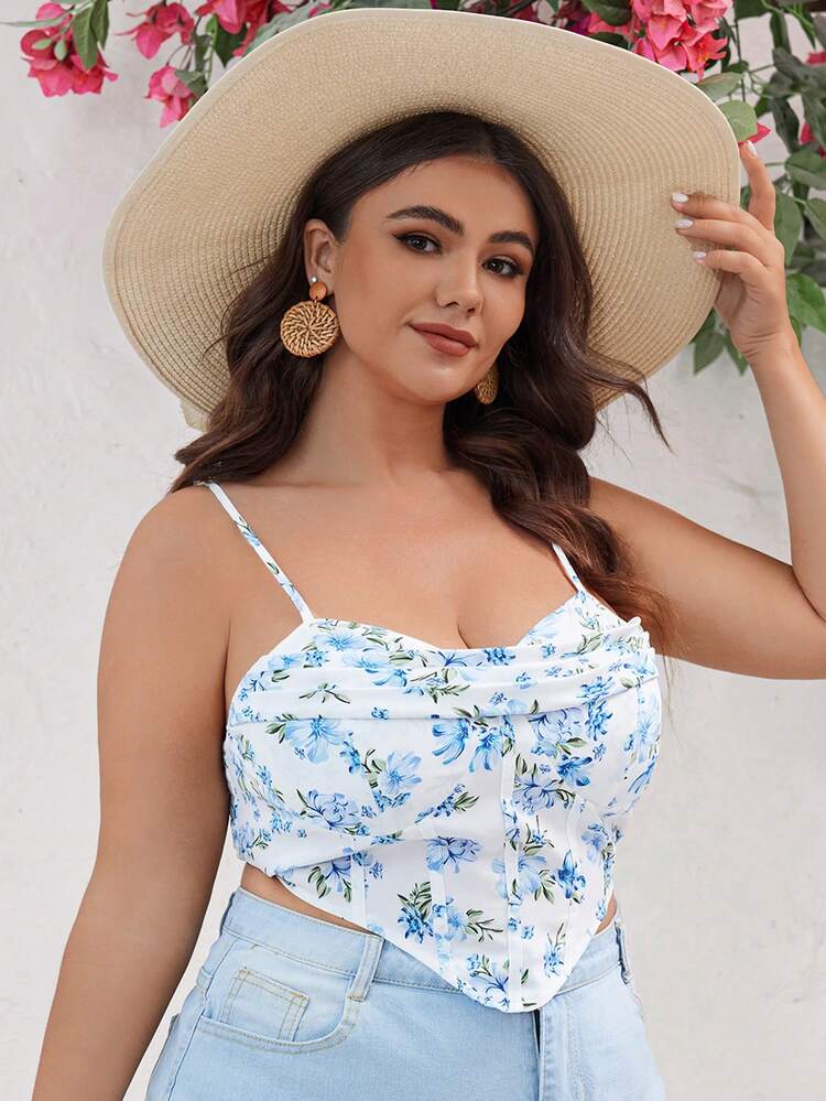 Plus Size Floral Print Ruched Bust Asymmetrical Hem Vacation Camisole Top For Summer