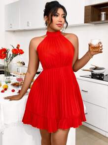 SHEIN Clasi Plus Size Halter Ruffle Dress - Orange - View 3