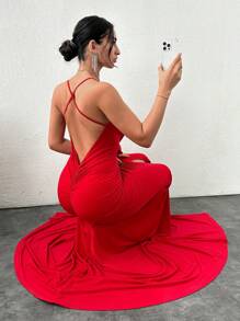 EURMUSE Women's 3d Flower Decor High Front Slit Backless Spaghetti Strap Dress - Red - View 4