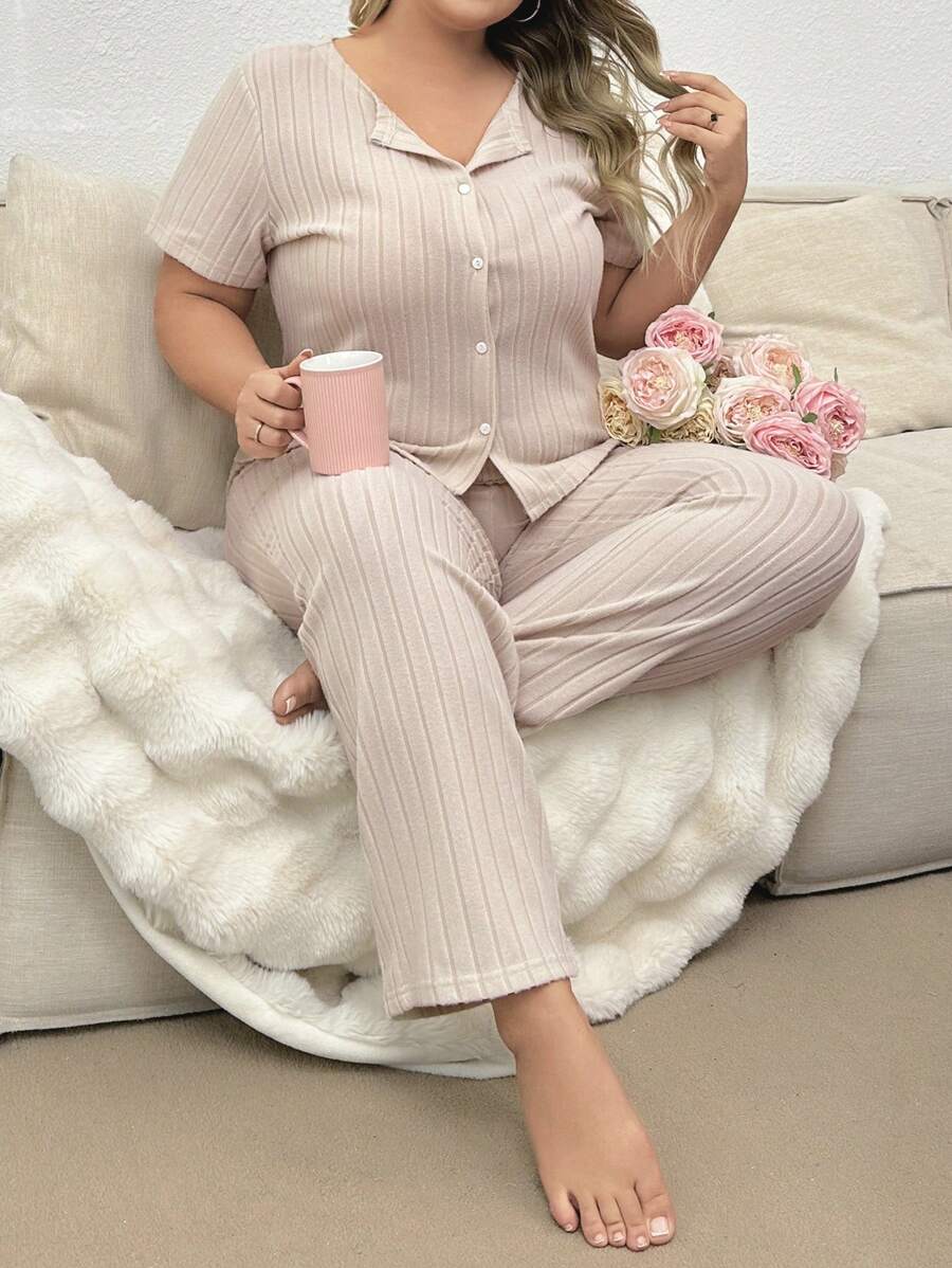 Plus-Size Solid Color Ribbed Knit Casual Pajama Set