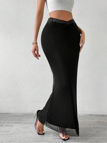 Chiquease 女士雙層網眼透視彈性魚尾擺半身裙,v型剪裁腰身