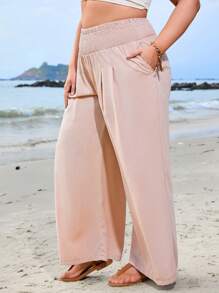 SHEIN VCAY Plus Size Wide Leg Pants With Shirred Waist And Slanted Pockets Beach Flowy Pants - Khaki - View 3