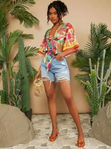Travachic Blusa Corta Tropical Para Mujer Con Estampado Y Lazo En La Parte Delantera Y Mangas Acampanadas Para Vacaciones
